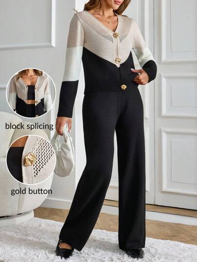 SHEIN Completo da donna composto da cardigan con bottoni dorati a blocchi di colore e pantaloni lavorati a maglia, due pezzi