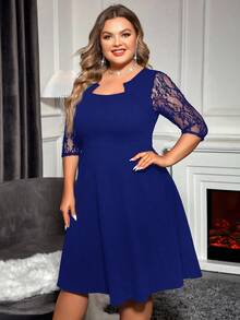 SHEIN Clasi Plus Size Solid Color Mid-Sleeve Lace Patchwork Keyhole Neck Ruffle Hem Elegant Dress - Royal Blue - View 5