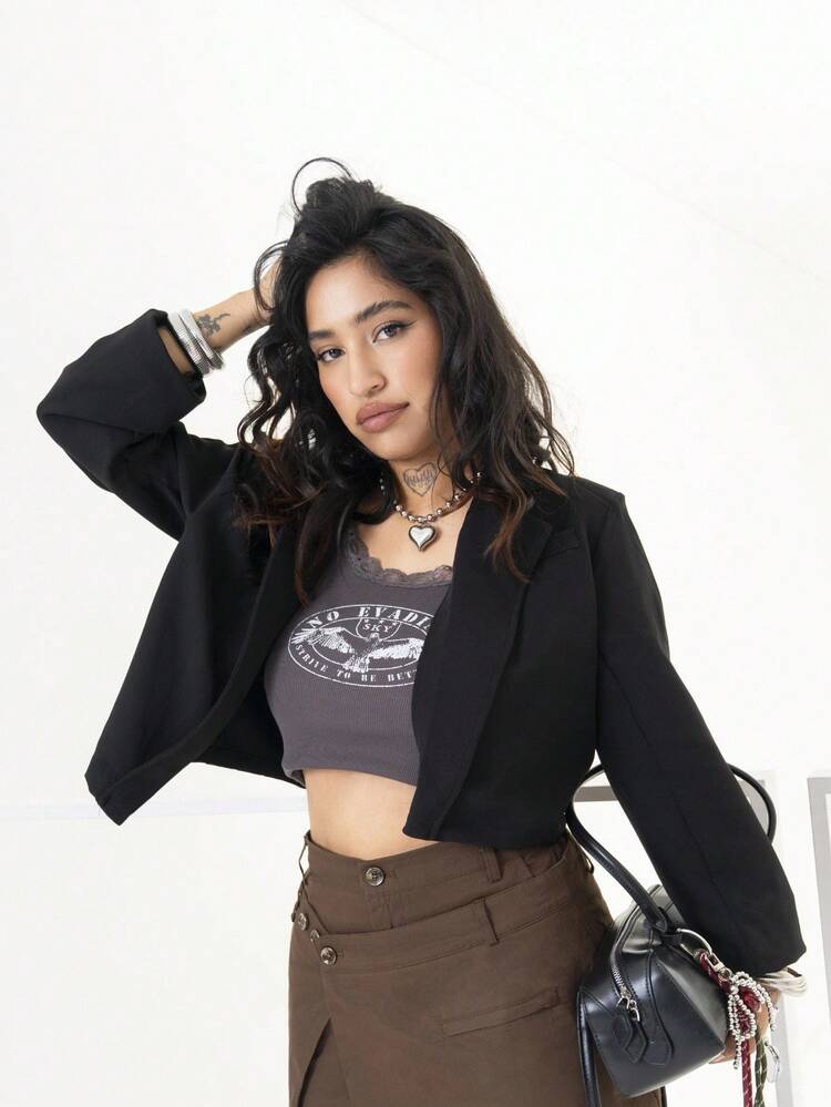 SHEIN x PRISCILA & JIMENA DAZY Chaqueta de traje corta de color liso para vestir de manera informal en la oficina - Negro - Añade 2