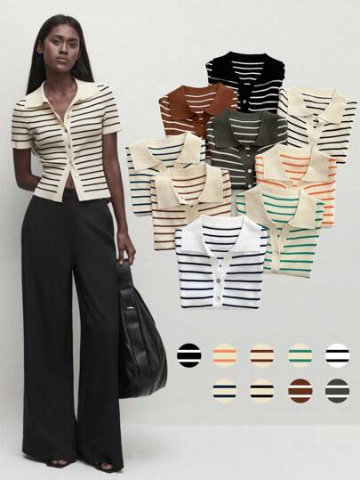 BizChic Suéter de punto con cuello vuelto y botones a rayas para mujer, blusa de punto para uso urbano, casual de negocios, ropa exterior básica, atuendo elegante