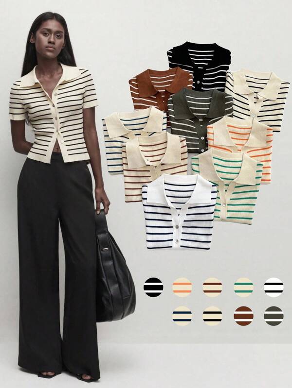 BizChic Women's Collared Striped Button Knit Sweater, Apricot & Black Striped Knit Top