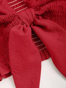 Sweetra Women's Vacation Solid Color Ruffled Bandeau Top And Shorts Set With Front Knot For New Year Clothes - Red - View 5