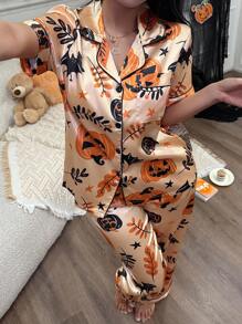 SHEIN 万圣节主题印花仿丝短袖睡衣套装 - 黃色 - 查看 4
