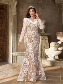 Aureia Plus Size Autumn And Winter Elegant Romantic White Sequin Embroidery Deep V Neck Leg Of Mutton Sleeves Slim Fishtail Hem Plus Tail Wedding Event Bride Beautiful Wedding Dress