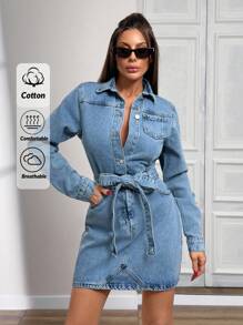 EURMUSE LONG SLEEVE MINI DENIM DRESS WITH BELT - Light Wash - View 1