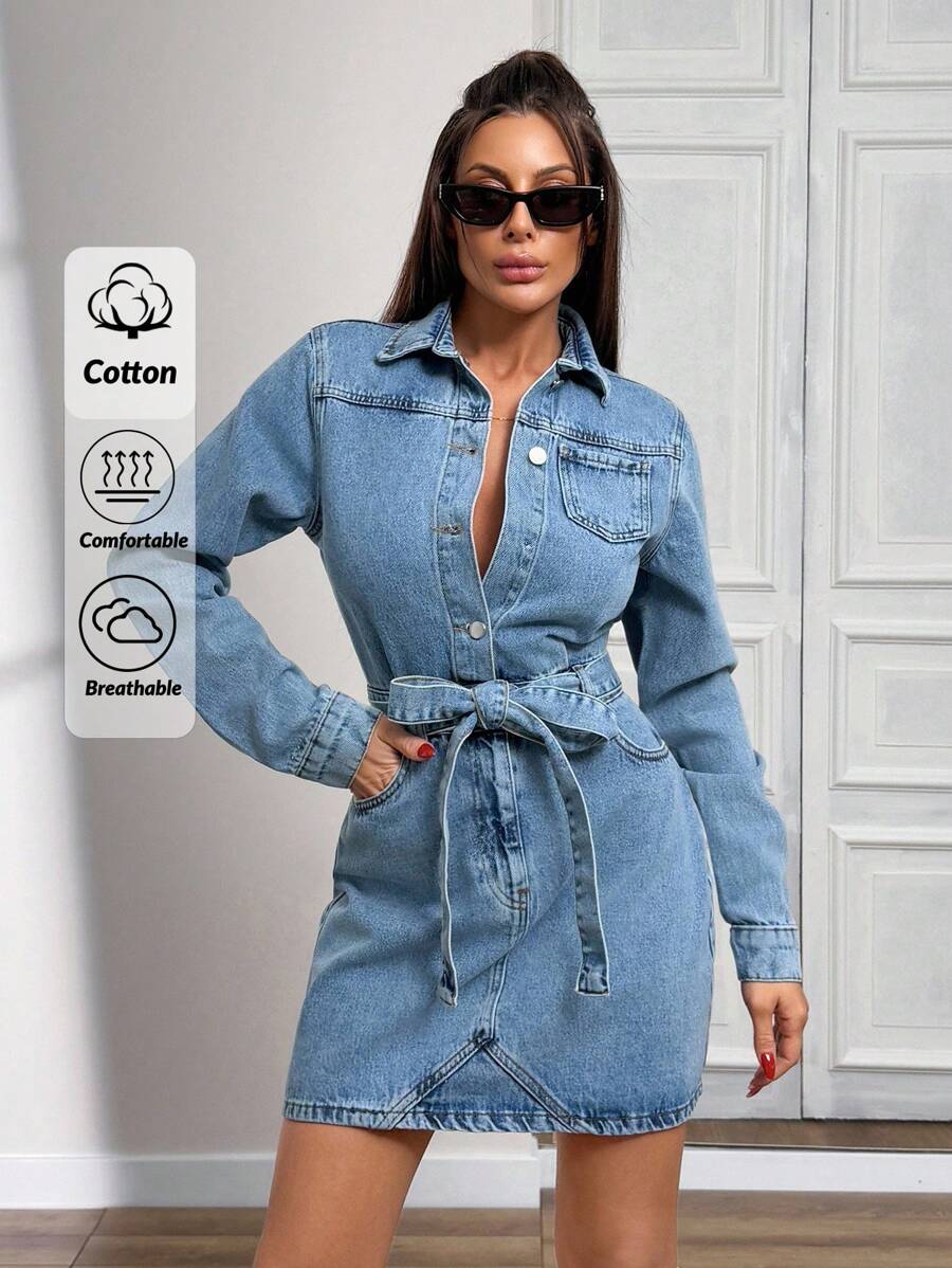 EURMUSE LONG SLEEVE MINI DENIM DRESS WITH BELT - Light Wash - View 1