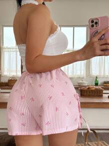 Eraneu Women Sweet Bow & Plaid Print Bowknot Pajama Bottom - Pink - View 2