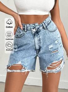 EURMUSE 100%Cotton Back Label And Belt Detailed Rigid Short - Medium Wash - View 1