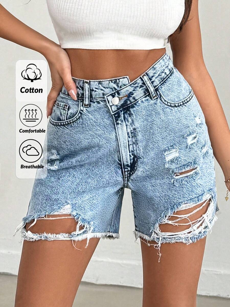 EURMUSE 100%Cotton Back Label And Belt Detailed Rigid Short - Medium Wash - View 1