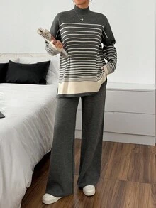 EURMUSE Contrast Hem Grey-Striped Funnel Neck Knitwear Set With Side Slits Comfortable Loungewear Set Two Piece Set Women Womens Two Piece Set Striped Two Piece Set Comfy Two Piece Set,Winter Clothes