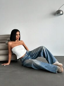 EURMUSE Low Waist Y2K Wide Leg Jeans, Minimalist & Fashionable, Suitable For Summer Women's Outfits Work Outfits For Women Women's Summer Tops Women's Spring Tops Women Summer Clothing Women Clothing Y2k Women's Summer Clothes Women Summer Sets - Dark Wash - View 4
