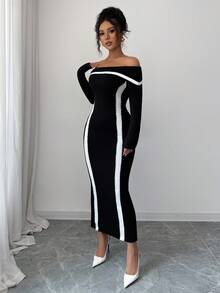 Franclia Vestido ajustado sin tirantes con diseño de bloques de color y rayas de manga larga