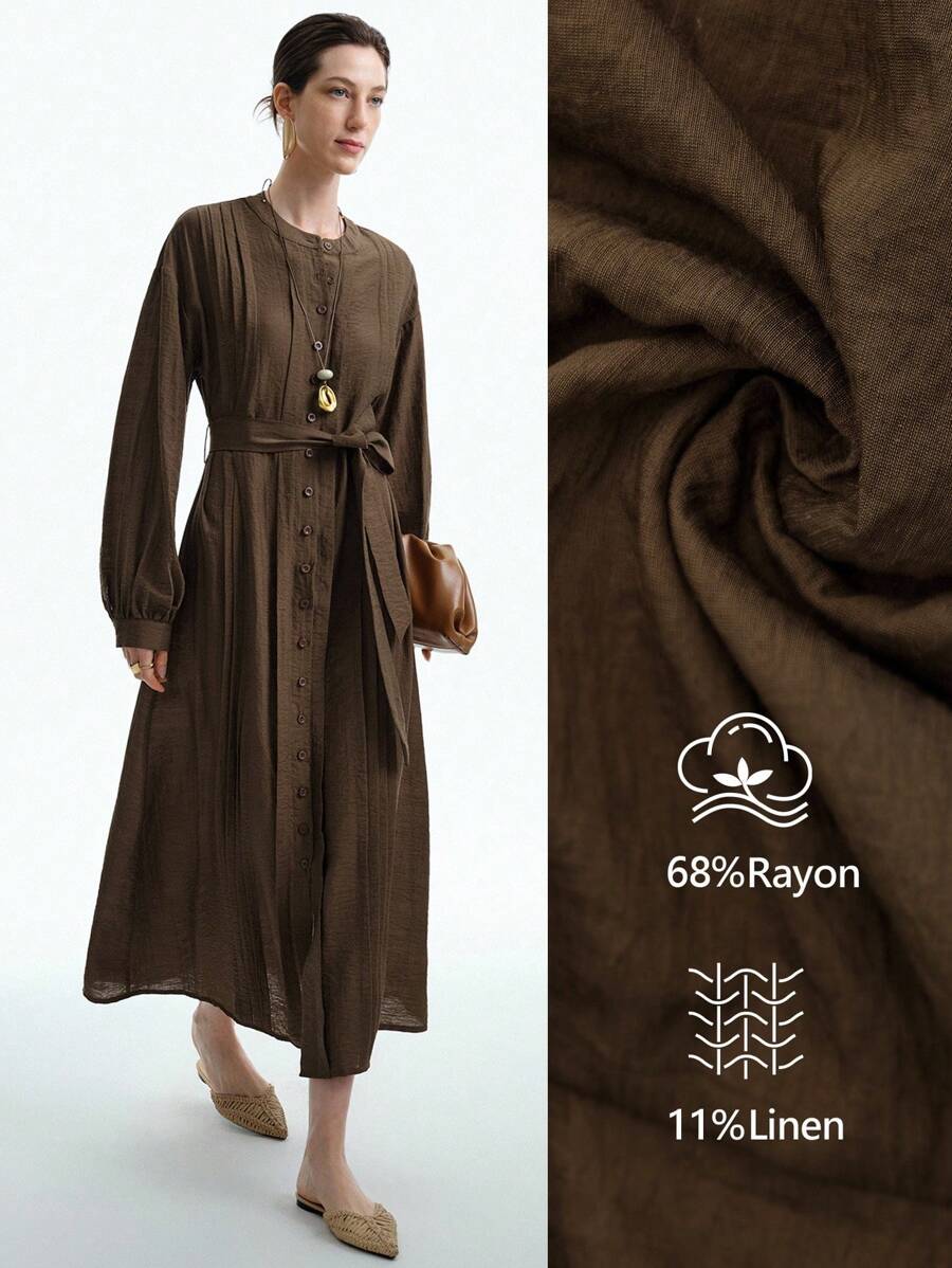 Aalyst 女士休闲纯色长袖连衣裙，前绑带设计，腰带，A 字下摆，通勤和外出百搭，秋季 - 棕色 - 查看 1