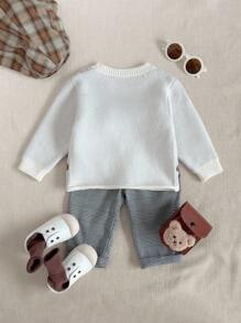 PrepCrw Baby Girls Campus Style Bear Print Pullover Sweater Adorable Baby Girl Autumn Sweater, White Knit Long Sleeve Pullover With Playful Brown Bear Design School Tops Clothes Outfit Cute Tops Graphic Tees Fall Winter - Multicolor - View 2