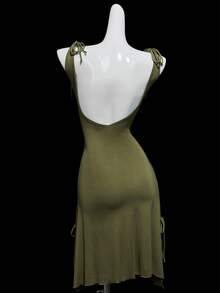 SHEIN ICON Backless Tie-Up Versatile Hem Mini Dress, Fitted - Dark Green - View 9