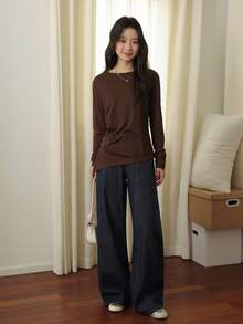 K-Vae 女士秋冬深蓝色镰刀裤牛仔裤，学院风牛仔裤，韩版，万圣节服装，别致秋季 - 深色水洗藍 - 查看 2