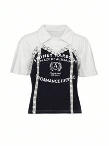 DAZY Retro American Colorblock Lace Decor Letter Print Short Sleeve T-Shirt - Navy Blue - View 8
