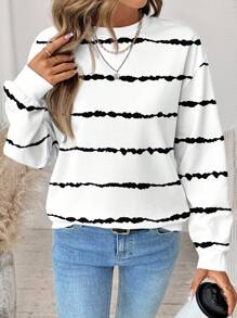 SHEIN LUNE Casual Minimalist Black & White Striped Print Pattern Round Neck Loose Fit Women Sweatshirt Autumn And Winter - Multicolor - View 3