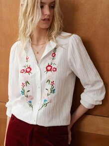 Écloséra Blusa casual de manga larga con un solo botonadura, bordado floral, estilo retro francés para mujer