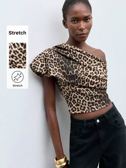 Maija Women's Leopard Print Oblique Shoulder T-Shirt, Fashion For Summer Leopard Top Leopard Print Top One Shoulder Top Cheetah Print Top Animal Print Top One Shoulder Tops