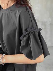 FRIFUL 女士宽松休闲纯色盖袖T恤，夏季，褶边