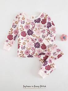 Cozy Pixies 女婴花卉印花针织柔软圆领长袖上衣和松紧腰打底裤两件套睡衣套装