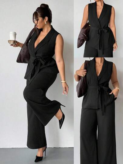 Firerie Conjunto de dos piezas de talla grande para mujer, elegante y casual, con chaleco sin mangas con lazo y pantalones anchos de pierna ancha con bolsillos, ideal para uso diario, conciertos, aeropuerto, trabajo como maestra, ropa de otoño para mujer de talla grande