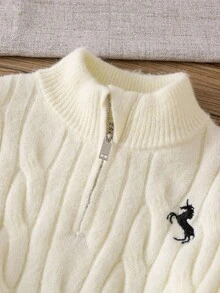 圆领长袖简约半拉链刺绣长款毛衣 - 白色 - 查看 3