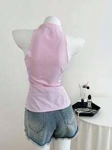 Elamini Áo sơ mi kẻ sọc dệt mỏng cổ đứng không tay đơn giản cho nữ - Hồng - Xem 2