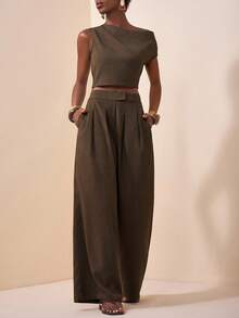 Zivah 2025 Summer New Music Festival Easter Mother's Day Wedding Season Attend Wedding Attend Birthday Daily Casual Vacation Cruise Travel Beach Sunbathing Viral Fashionable Street Style Elegant Commute Business Sleeveless Top And Wide Leg Straight Pants Women 2 Pieces Set - Brown