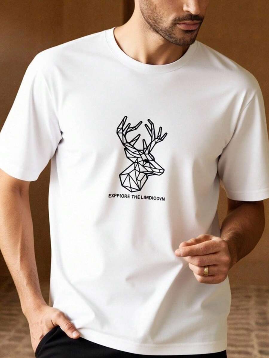 Mainfolk Men's Casual Loose Fit Round Neck Short Sleeve T-Shirt With Geometric Deer Embroidery, Graphic Tee - White - View 1