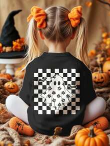 SHEIN 复古黑色，可爱奶油格子鬼，花卉，蝙蝠印花休闲宽松圆领舒适针织长袖运动衫，适合秋冬季，万圣节南瓜 - 彩色 - 查看 3