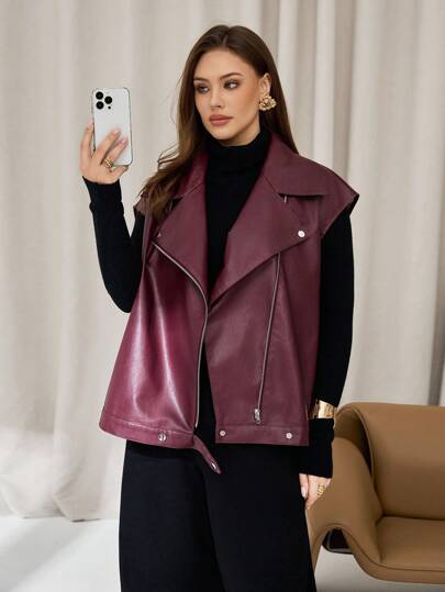 Auralis 大码女式秋冬时尚休闲宽松舒适日常基本百搭红色 PU 皮背心夹克、秋季外套、休闲女装、女式秋季服装、女式西装、返校装、Y2k 服装、街头服饰、女式冬季夹克