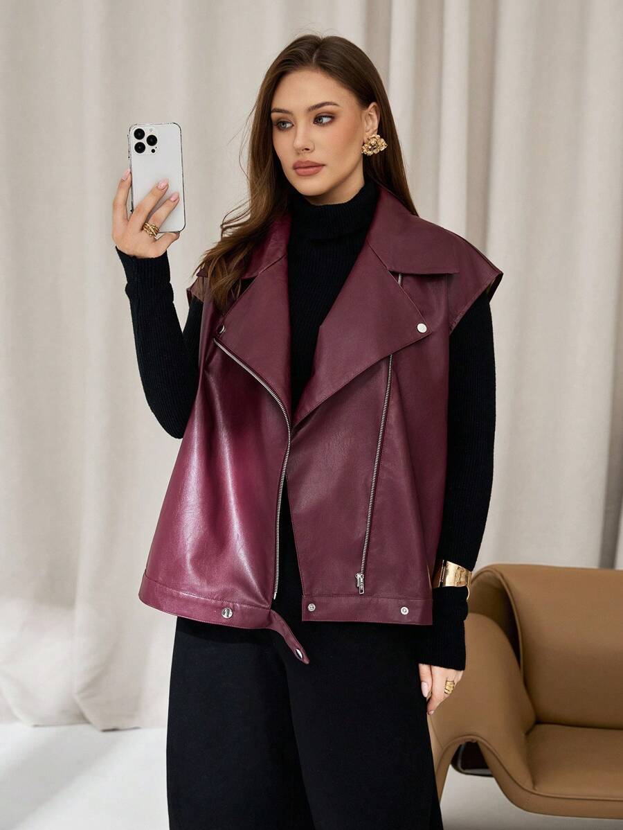 Auralis 大码女装秋冬时尚休闲宽松舒适日常百搭红色PU皮背心外套，休闲、秋季、西式、返校、Y2K、街头风 - 酒紅色 - 查看 1