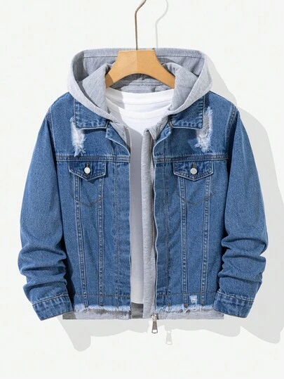 青少年男孩时尚休闲 Y2K 复古酷炫街头风返校学院风镂空破洞磨边设计基础款简约舒适蓝色牛仔灰色针织连帽拼接蓝色牛仔镂空夹克，柔软日常穿着，秋冬季节锐舞派对及居家穿着皆宜，街头风校园连帽牛仔夹克