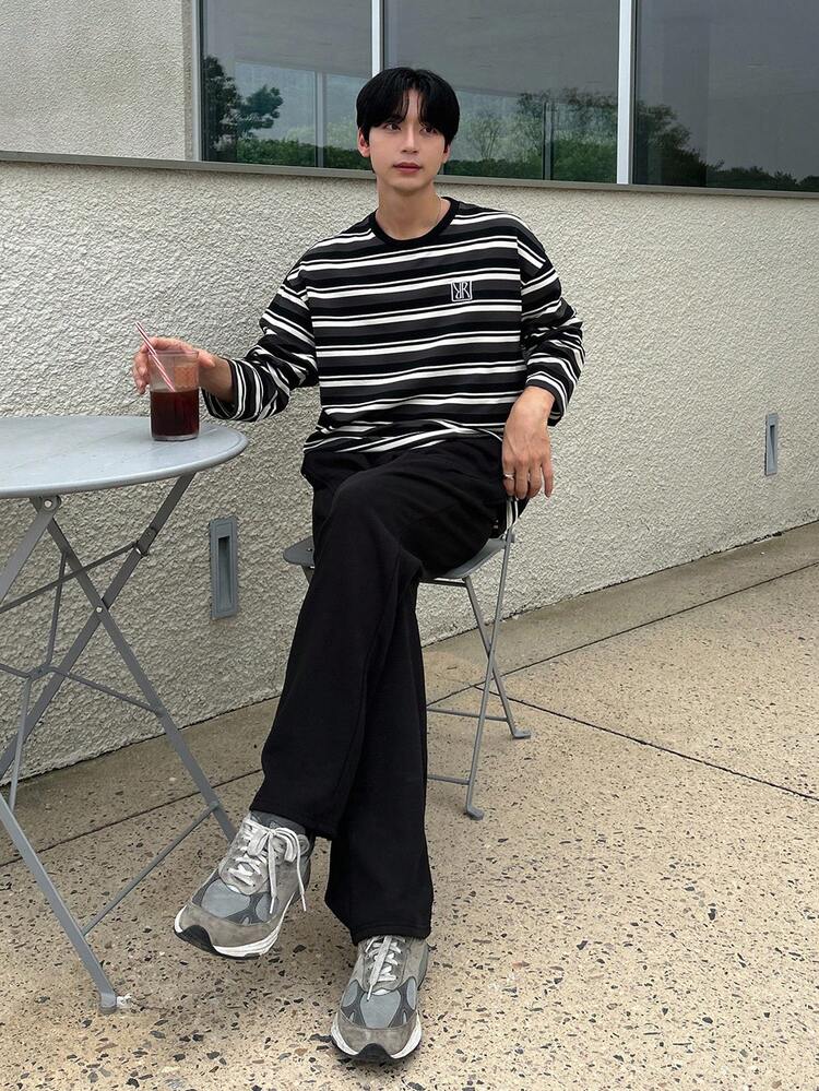 Men's Striped Letter Embroidered Top & T-Shirt Set, Autumn