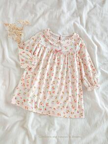 女婴家居服樱桃印花褶皱领长袖褶边下摆连衣裙，田园风格可爱连衣裙，适合女婴春秋季 - 杏色 - 查看 1