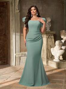 Aureia 大码优雅浪漫灰绿色方领花瓣袖腰部褶饰美人鱼下摆伴娘礼服 - 綠色 - 查看 3