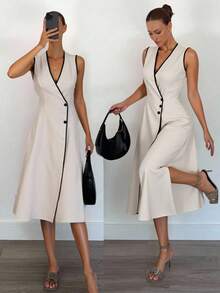 Serisse Váy midi viền màu tương phản cho kỳ nghỉ thường ngày của phụ nữ - Màu be - Xem 9