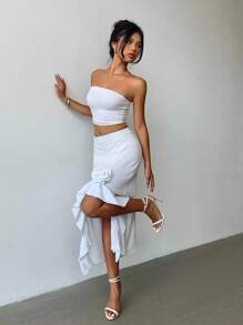 Elenzga 浪漫优雅荷叶边花卉开衩白色针织裙 - 白色 - 查看 5