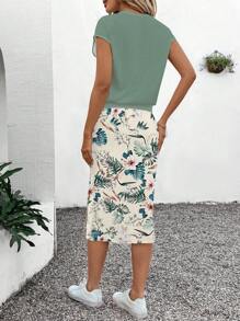 SHEIN LUNE 夏季休闲装搭配短袖衬衫和热带印花中裙女式两件套夏季两件套女裙热带裙两件套休闲套装女式女裙套装 - 彩色 - 查看 5