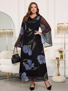 Gownix Plus Size Elegant Floral Print Fitted Black,Autumn,Elegant,Formal,Evening,Formal Maxi Dress,Long Sleeve Fall Winter Clothes For Women,Party - Multicolor - View 7