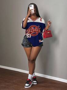 Slaydiva Áo thun nữ họa tiết chữ và số dạng lưới cổ điển giản dị, thích hợp cho mùa hè, mùa thể thao, mùa tựu trường - Nhiều màu - Xem 5