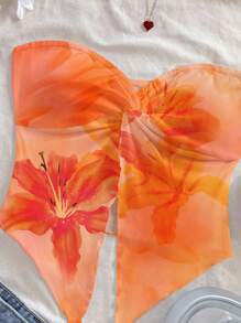 Soleia Áo cánh họa tiết hoa dâm bụt nhiệt đới, viền xoắn, viền bất đối xứng dành cho nữ, phong cách nghỉ dưỡng, phù hợp cho mùa xuân và mùa hè - trái cam - Xem 6