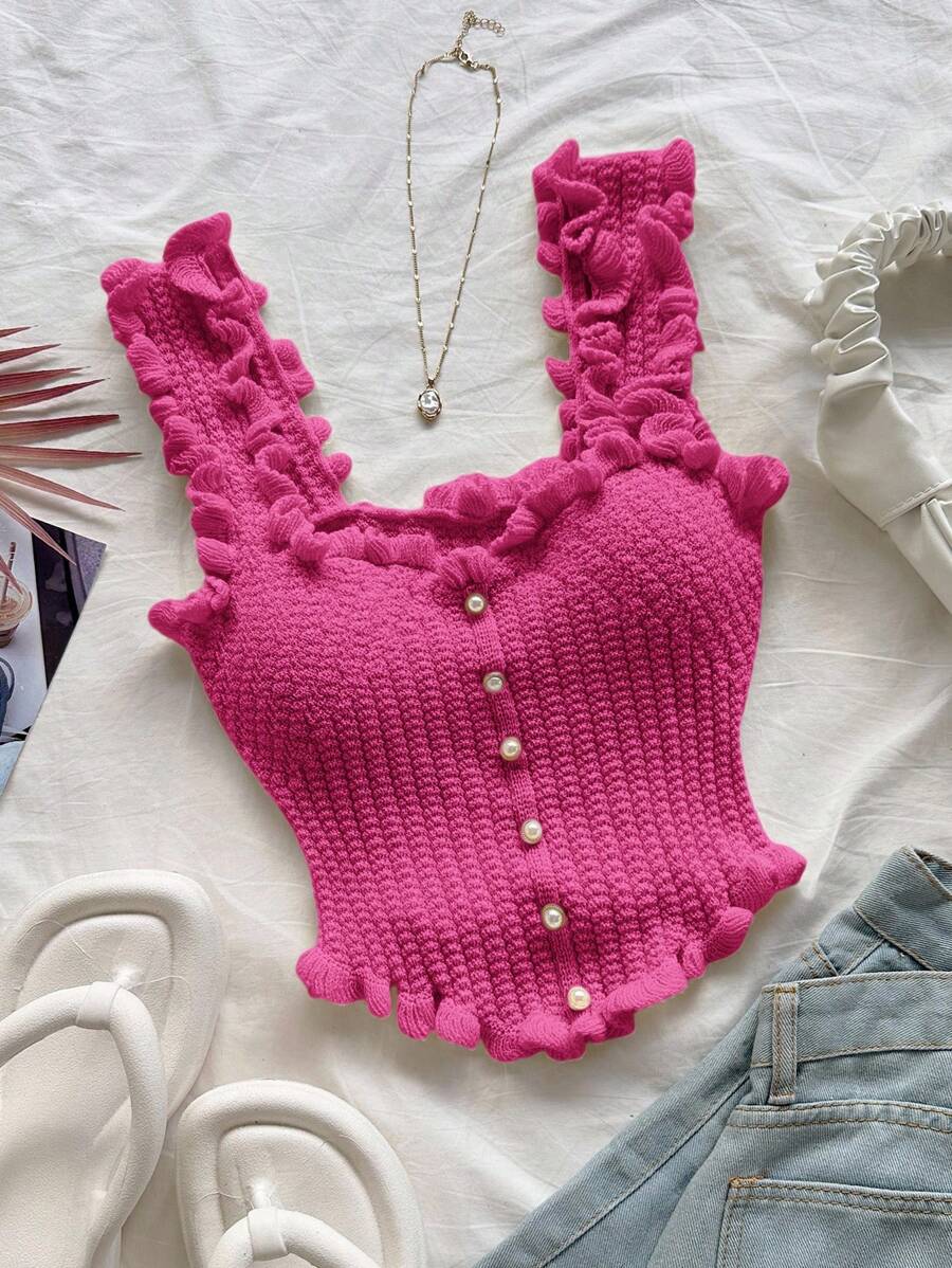 Soleia 女士浪漫休闲度假针织上衣 - 玫紅色 - 查看 1