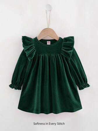Cozy Pixies Baby Girl Solid Color Knitted Soft Round Neck Ruffle Hem Waist Dress Green Baby Girl Dress Dark Green Toddler Dress Emerald Green Baby Girl Dress Baby Girl Velvet Dress Baby Girl Ruffle Dress Fall Winter