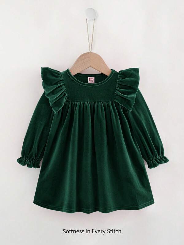 Cozy Pixies Baby Girl Solid Color Knitted Soft Round Neck Ruffle Hem Waist Dress Green Baby Girl Dress Dark Green Toddler Dress Emerald Green Baby Girl Dress Baby Girl Velvet Dress Baby Girl Ruffle Dress Fall Winter