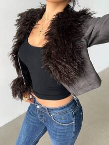 Aloruh Damen Jacke für Herbst/Winter, modischer vintage-bohemian Kunstpelzkragen Patchwork gewaschenePU-Lederjacke