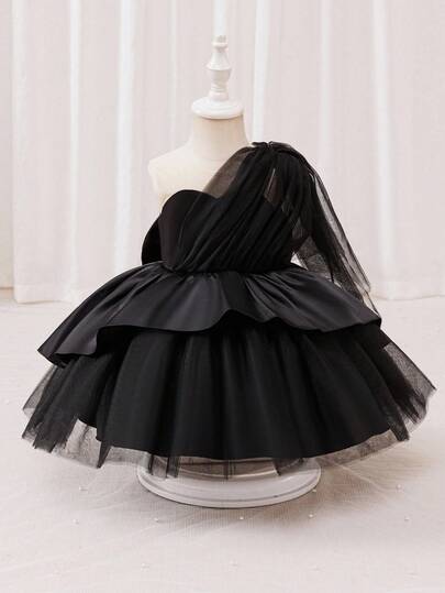 Glamorique Kids 女婴香槟色亮片网眼拖尾派对礼服，优雅单肩带正式礼服，适合各种场合