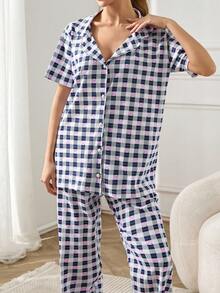 RueChic Women 2 Pcs Button Front With Plaid&Bear Pattern Homewear PJ Set - Multicolor - View 3